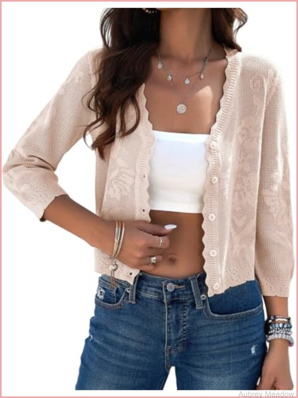 Crochet Cardigan Sweater Women Lightweight 3/4 Sleeve Button Up Shrug V-Neck